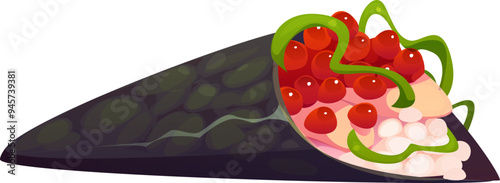 Temaki cartoon Japanese sushi, hand roll c featuring a nori wrap filled with white rice, bright red salmon roe and green seaweed salad ingredients. Isolated vector traditional Japan cuisine dish