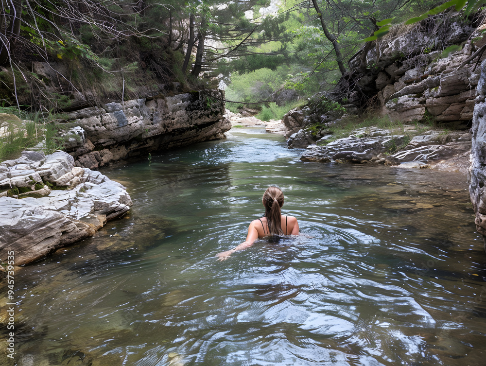 Crystal clear stream in tranquil mountain setting, perfect for swimming and cooling off in nature. Crystal clear stream in tranquil mountain setting, perfect for swimming and cooling off in nature.