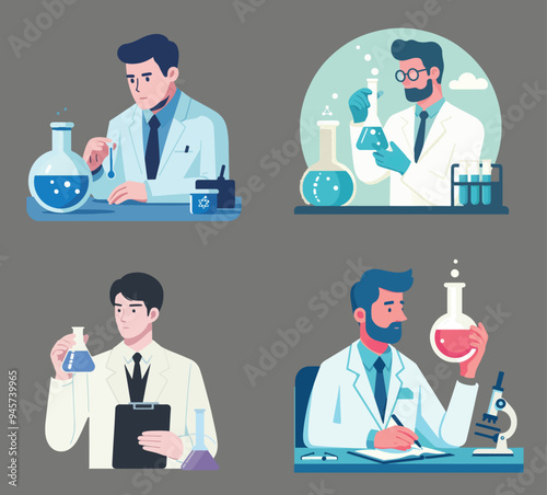 set collection scientist chemistry flask laboratory flat design vector