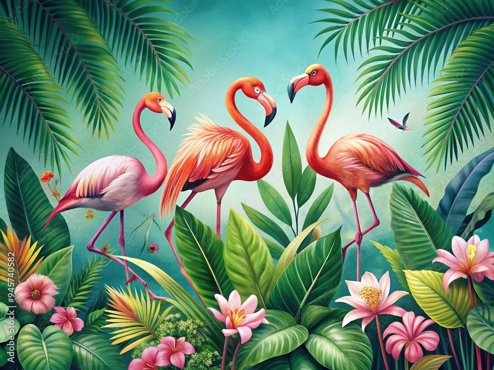 Fototapeta premium Vibrant pink flamingos amidst lush greenery and tropical flowers adorn a modern, sleek layout with clean lines, creating a bright and airy summer atmosphere.