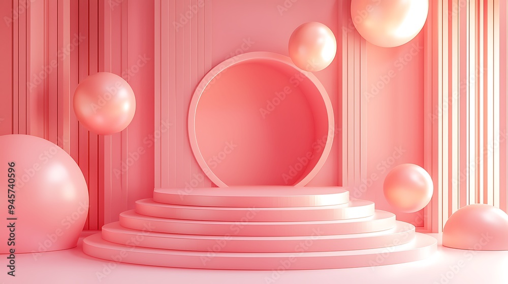 A pink geometric background with a product display stand, perfect for showcasing beauty. A pink geometric background with a product display stand, perfect for showcasing beauty.