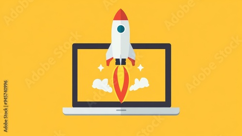 A colorful rocket takes flight from a laptop screen against a bright yellow background