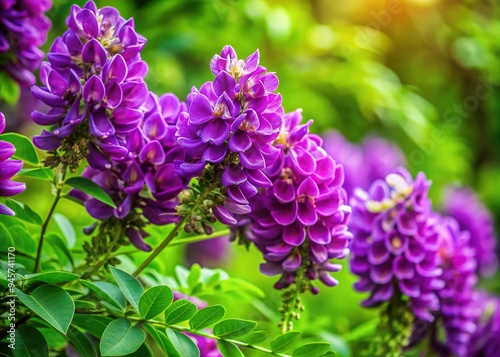 Vibrant purple flowers of Asian Pigeonwings bloom in clusters along slender stems, surrounded by lush green leaves, against a soft, natural background.