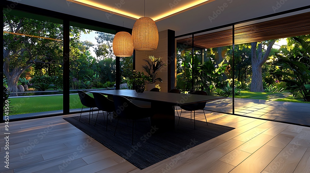 A contemporary dining room with a view of a tropical garden, wicker pendant lights adding warmth. A contemporary dining room with a view of a tropical garden, wicker pendant lights adding warmth.