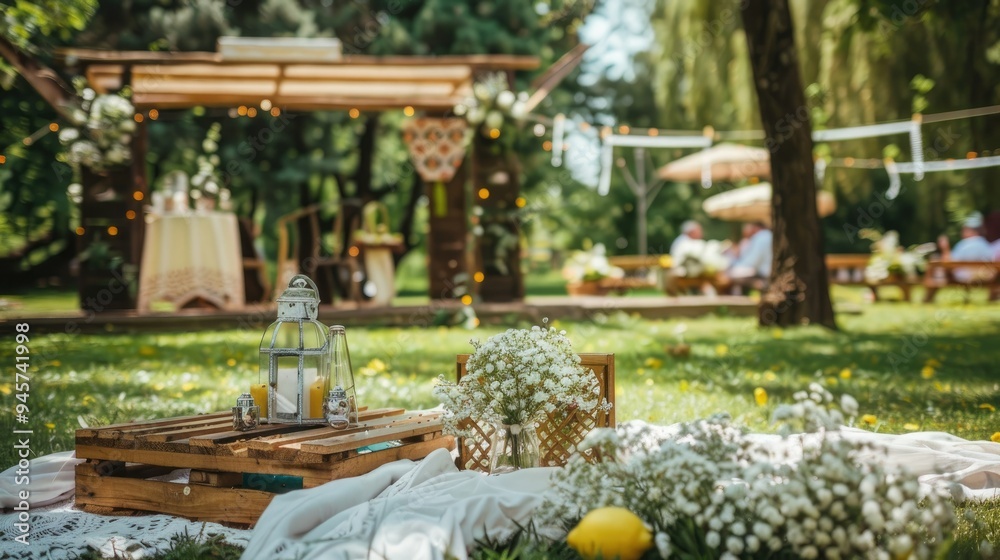 A yellow and white picnic setup on the grass with a wooden pallet table A yellow and white picnic setup on the grass with a wooden pallet table