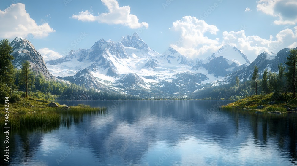 10. A majestic mountain range with snow-capped peaks and a clear alpine lake 10. A majestic mountain range with snow-capped peaks and a clear alpine lake