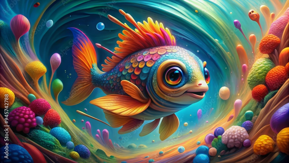 Adorable cartoon fish with vibrant scales and fins swims amidst a swirl of colours, surrounded by paintbrushes and crayons in an underwater creative scene. Adorable cartoon fish with vibrant scales and fins swims amidst a swirl of colours, surrounded by paintbrushes and crayons in an underwater creative scene.