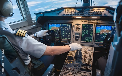 Pilot Wearing Oxygen Mask at Aircraft Controls in High-Altitude Flight Environment