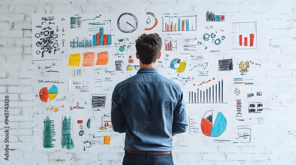 Man Analyzing Hand-Drawn Charts and Graphs on a Whiteboard Man Analyzing Hand-Drawn Charts and Graphs on a Whiteboard