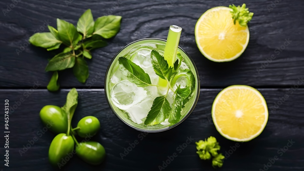 Top view of mojito cocktail in glass and fresh ingredients on dark wooden table top, cocktail drinks concept Top view of mojito cocktail in glass and fresh ingredients on dark wooden table top, cocktail drinks concept