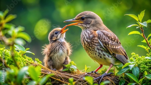 Wallpaper Mural Adorable fledgling perches beside devoted mother bird, sharing a tender moment, surrounded by lush greenery, in a heartwarming display of natural maternal affection. Torontodigital.ca