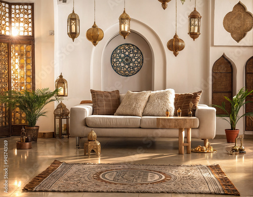 Decorative ramadan lamp hanging with sofa in the  cozy living room. Interior decor in the house.  Ramadan interior decoration with festive feel.  photo