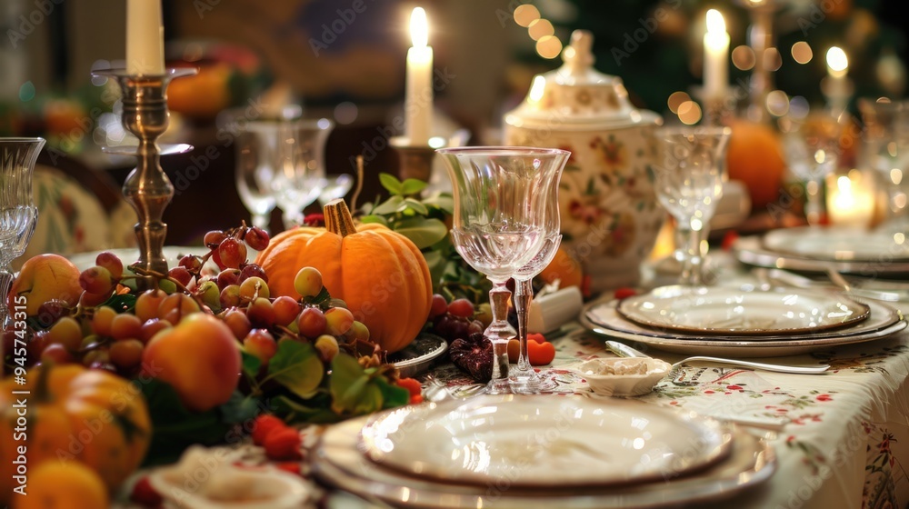 Naklejka premium Table setting autumn holiday Thanksgiving. Cozy home atmosphere. Table covered with orange flowers, pumpkins, plates. Traditional candlelight dinner, celebration, family feast. Beautiful decorations.