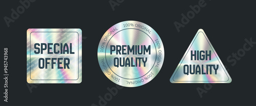 Set of holographic gradient vector stickers, label for sale hologram emblem label. Special offer, premium high quality. Web design, e-commercial, great for any products