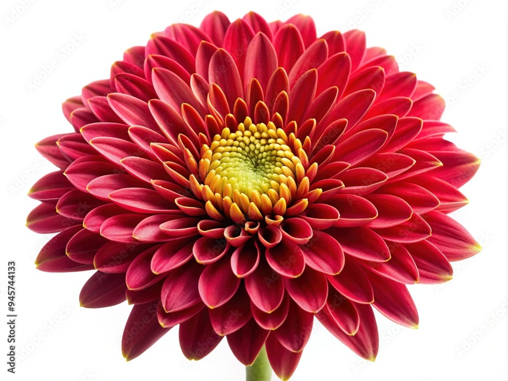 Vibrant red chrysanthemum flower with delicate petals and yellow center isolated on a white background, showcasing its intricate beauty and stunning autumnal colors. Vibrant red chrysanthemum flower with delicate petals and yellow center isolated on a white background, showcasing its intricate beauty and stunning autumnal colors.