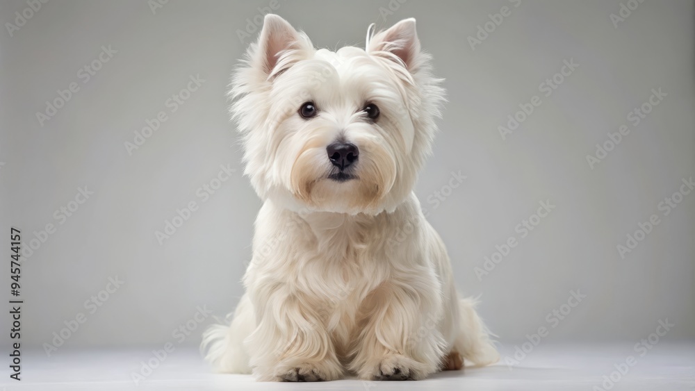 Adorable West Highland Terrier with fluffy white coat and bright brown eyes sits regally against a clean, crisp white studio background, showcasing its charming persona. Adorable West Highland Terrier with fluffy white coat and bright brown eyes sits regally against a clean, crisp white studio background, showcasing its charming persona.