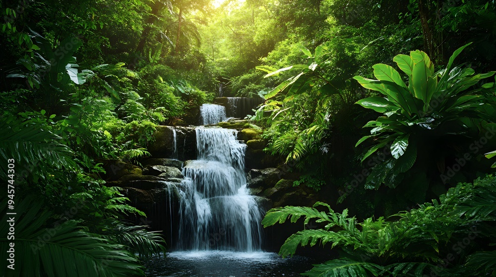 13. A lush rainforest with diverse plant life and cascading waterfalls