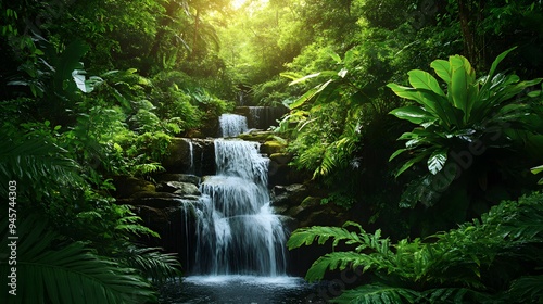 13. A lush rainforest with diverse plant life and cascading waterfalls