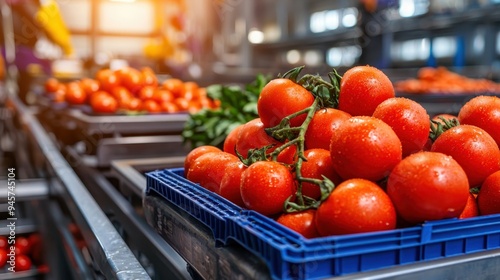 Fresh red tomatoes in blue crates, ready for distribution in a vibrant warehouse setting. Ideal for food-related projects.