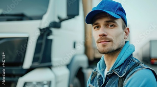 A man wearing a blue hat is sitting comfortably in front of a white truck