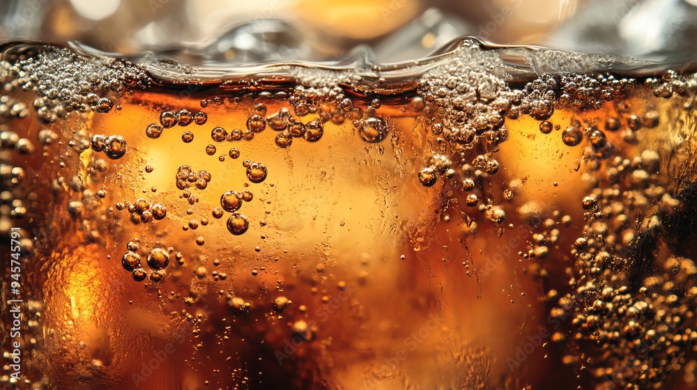 Refreshing cola flavored soda with carbonated bubbles in a vintage tone. This image features a macro cola background with ice and bubbles, creating a side view of the beverage. Refreshing cola flavored soda with carbonated bubbles in a vintage tone. This image features a macro cola background with ice and bubbles, creating a side view of the beverage.