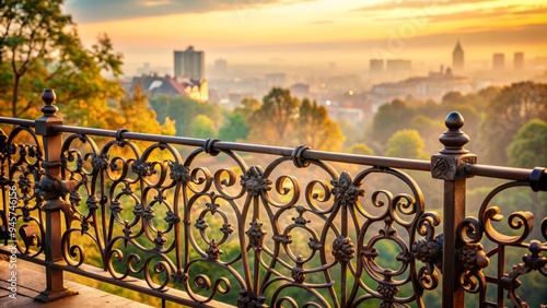 Aged metallic balcony railing with ornate design overlooks a serene cityscape with blurred trees and misty atmosphere, evoking a sense of urban tranquility.