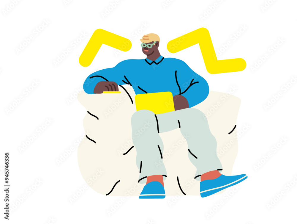 Creative workspace, modern flat vector concept illustration of a man working sitting on the armchair with a computer Remote work, flexibility, independence, efficiency, mobility, synergy, freedom Creative workspace, modern flat vector concept illustration of a man working sitting on the armchair with a computer Remote work, flexibility, independence, efficiency, mobility, synergy, freedom