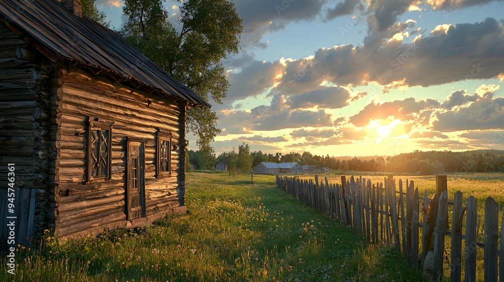 A rustic wooden cabin at sunset, surrounded by a lush field and a wooden fence. A rustic wooden cabin at sunset, surrounded by a lush field and a wooden fence.