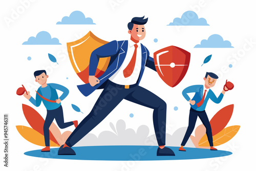 Business threat, fight to survive in business competition, resilience or adversity, challenge or survive to win, courage fighter concept, businessman hold shield to fight with multiple fighter punch.
