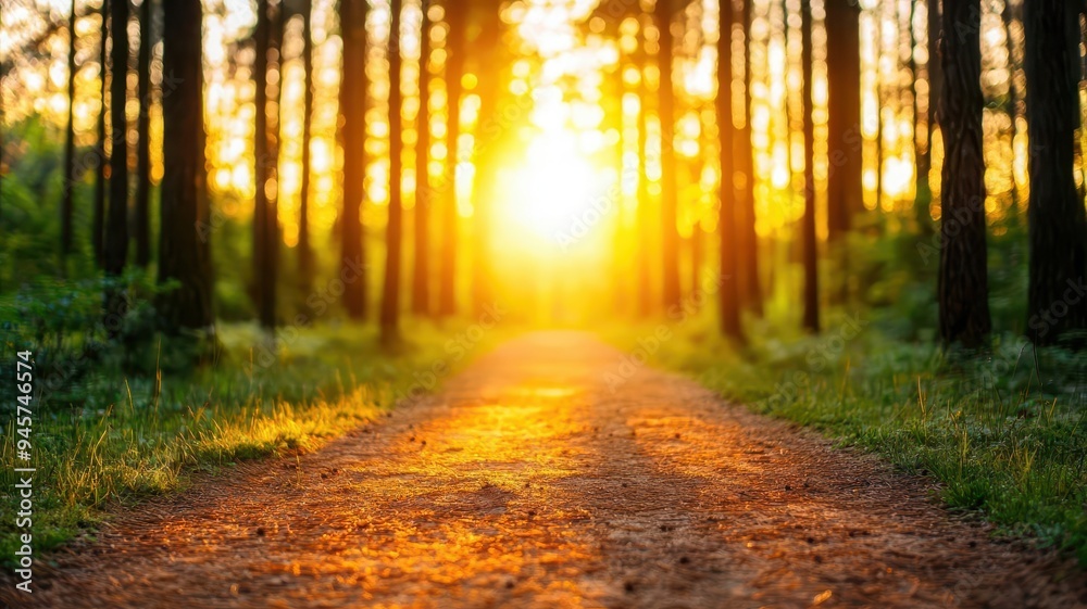 Radiant golden hour sunbeams illuminating a quiet forest path, natures glowtime, peaceful and inspiring landscape Radiant golden hour sunbeams illuminating a quiet forest path, natures glowtime, peaceful and inspiring landscape