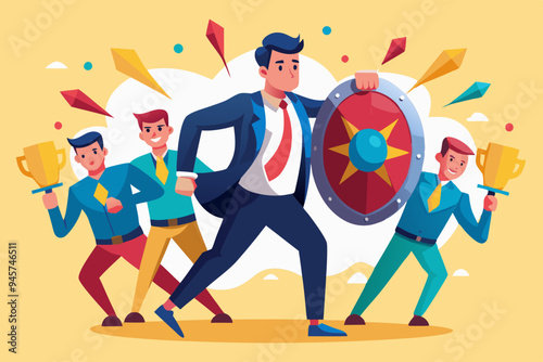 Business threat, fight to survive in business competition, resilience or adversity, challenge or survive to win, courage fighter concept, businessman hold shield to fight with multiple fighter punch.
