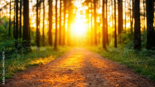 Radiant golden hour sunbeams illuminating a quiet forest path, natures glowtime, peaceful and inspiring landscape