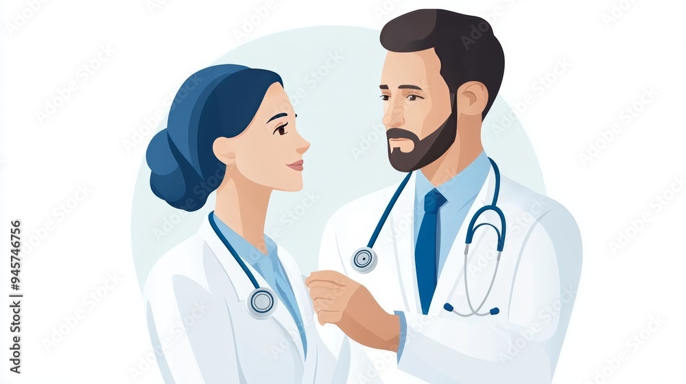 A professional medical consultation between a male and female doctor, showcasing collaboration and care in healthcare settings. A professional medical consultation between a male and female doctor, showcasing collaboration and care in healthcare settings.