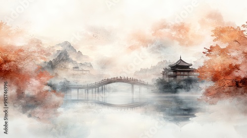 A serene landscape featuring a tranquil bridge and an elegant pagoda amid soft autumn hues and misty reflections. photo