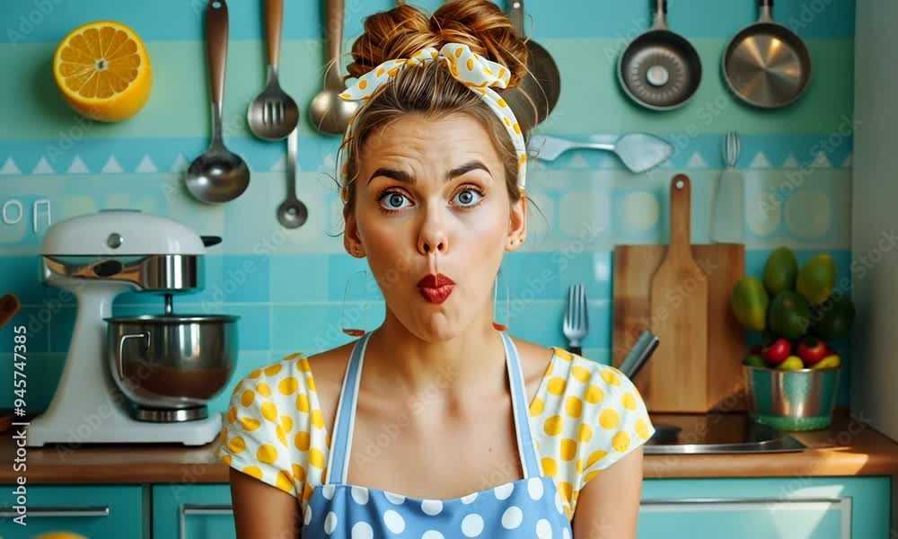 In a bright and colorful kitchen, a woman expresses astonishment while surrounded by fresh ingredients and cooking utensils, capturing a lively and engaging atmosphere