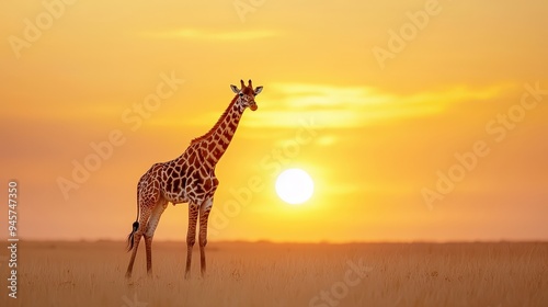 A giraffe gracefully moving through the African savannah