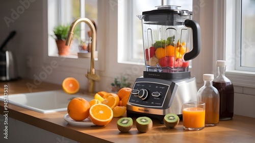 Modern Kitchen Counter Featuring Blender and Assorted Fruits, Emphasising Healthy Eating Lifestyle photo