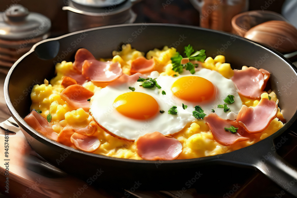 Rührei und Spiegelei mit Schinken in der Pfanne Rührei und Spiegelei mit Schinken in der Pfanne