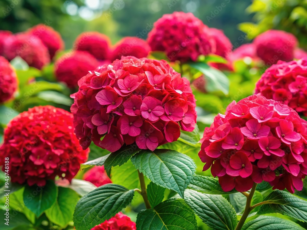 Vibrant red hydrangea bush blooms abundantly in a lush green garden setting, delicate petals and sturdy stems creating a beautiful, eye-catching summer floral display. Vibrant red hydrangea bush blooms abundantly in a lush green garden setting, delicate petals and sturdy stems creating a beautiful, eye-catching summer floral display.
