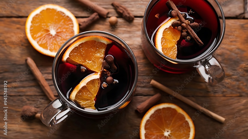 Close up view of mulled wine in glasses with orange pieces and spices on wooden tabletop Close up view of mulled wine in glasses with orange pieces and spices on wooden tabletop