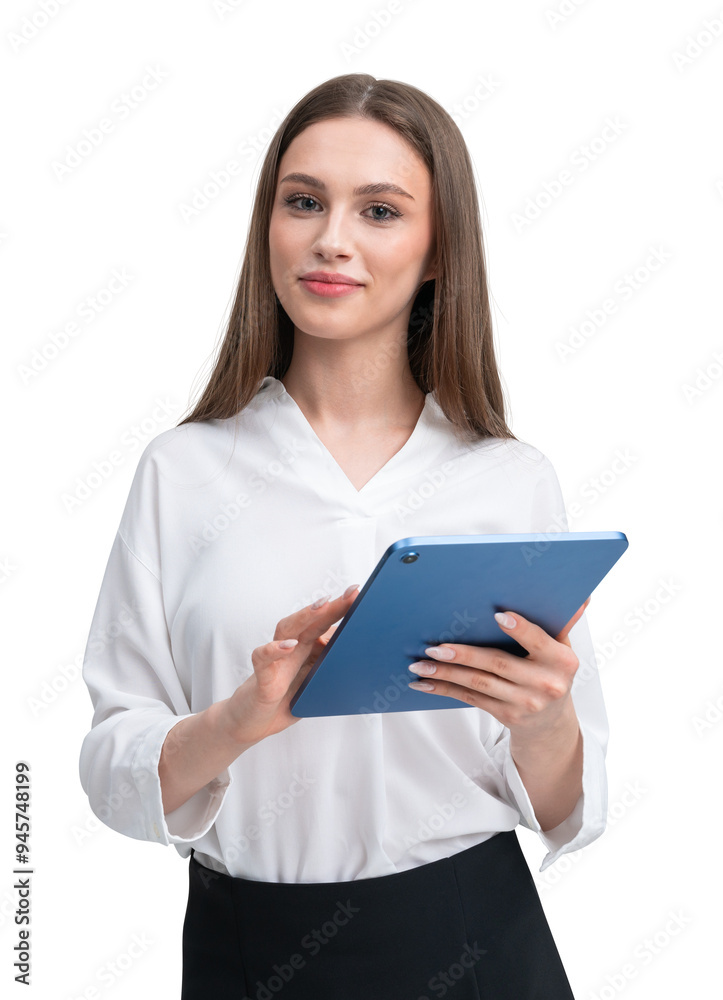 Woman holding a digital tablet isolated on white background. Woman holding a digital tablet isolated on white background.