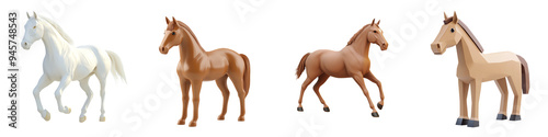 A collection of four colorful horse figurines, showcasing different breeds and styles, ideal for children's play and decoration.