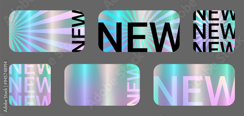Set of color neon sticker template, holographic effect label in retro Y2k style. Square, rectangular Shiny Smooth Mirror Rainbow Emblem New. Isolated on grey background EPS10 Vector Illustration.