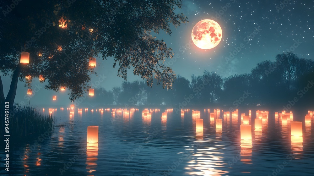 Naklejka premium A river illuminated by floating lanterns, reflecting the full moon above