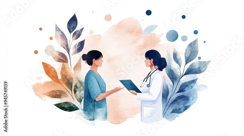 Two healthcare professionals discussing a patient's treatment plan in a serene, colorful environment.