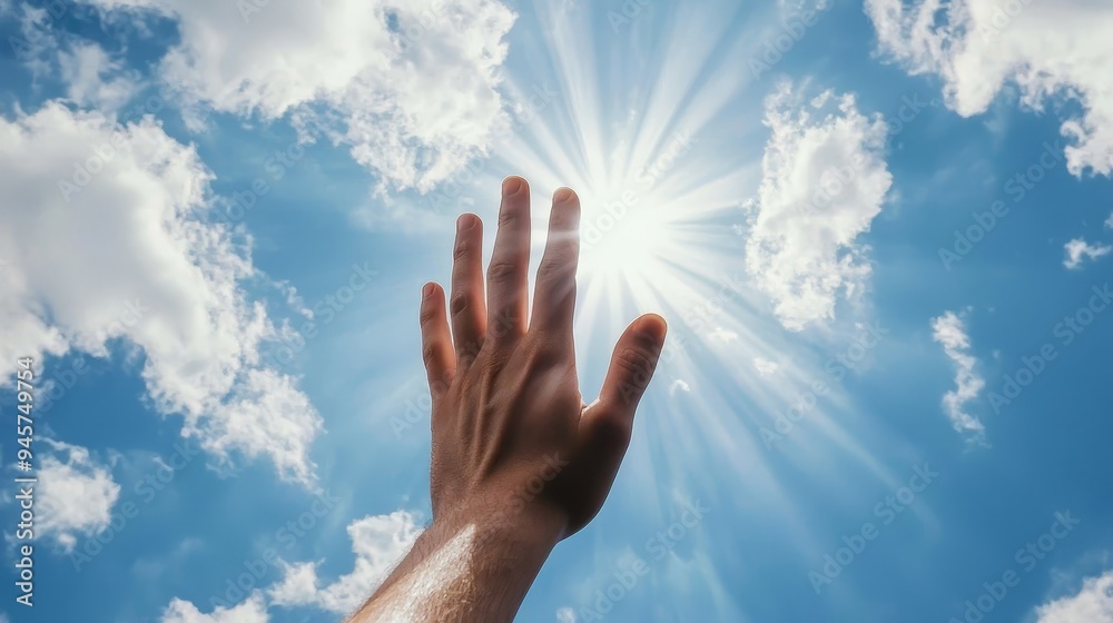 A hand reaching up towards the sky, with rays of sunlight breaking through the clouds A hand reaching up towards the sky, with rays of sunlight breaking through the clouds