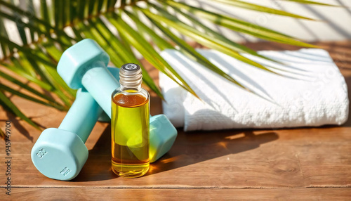 A bottle of oil or serum, a pair of light blue dumbbells, and a white towel on a wooden surface with palm leaves casting shadows in the background