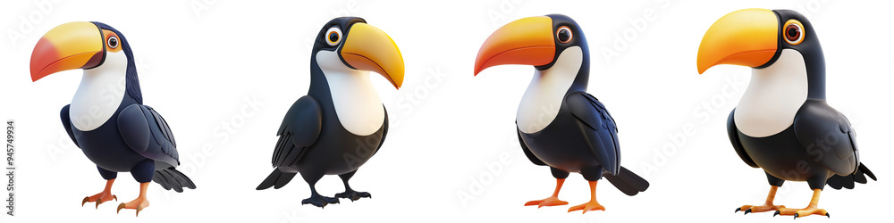 Fototapeta premium A collection of vibrant toucan illustrations showcasing different poses and angles, perfect for nature enthusiasts.