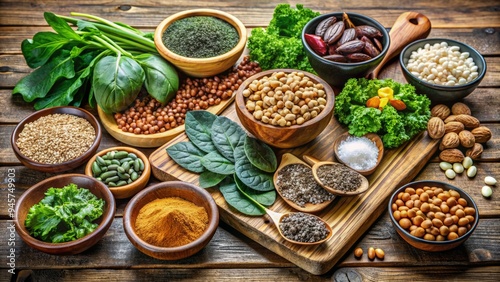 Assortment of magnesium-rich foods, including dark leafy greens, nuts, and whole grains, on a rustic wooden table or cutting board against a natural background.