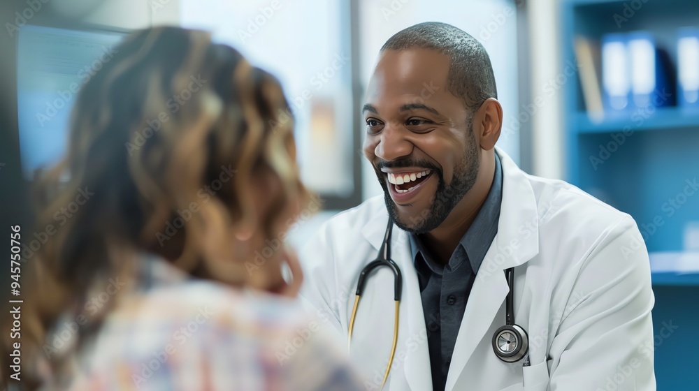 A doctor laughs with a patient. A doctor laughs with a patient.